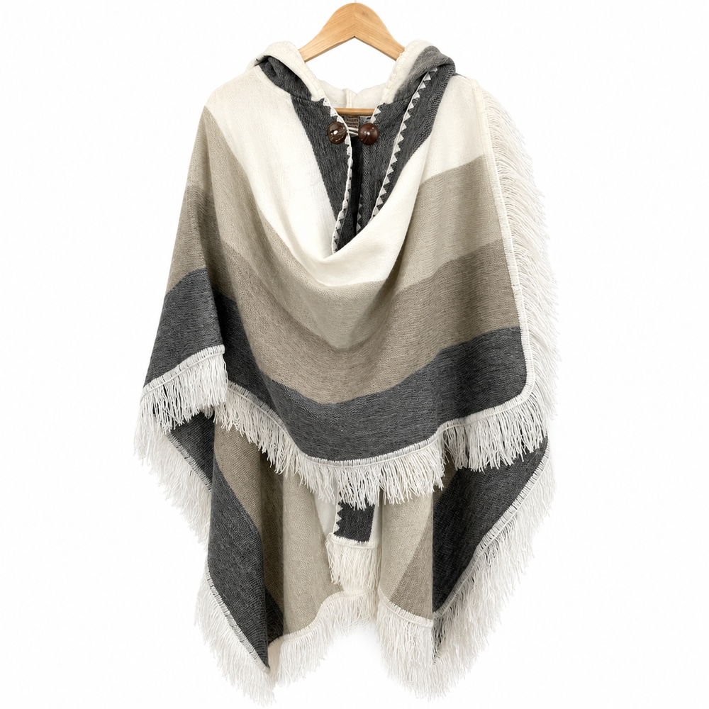 Alpaca Hooded Poncho - Mushroom White Fringe