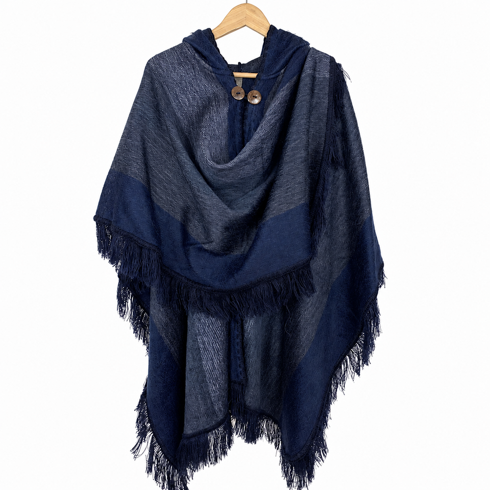 Alpaca Hooded Poncho - Navy Blue Fringe
