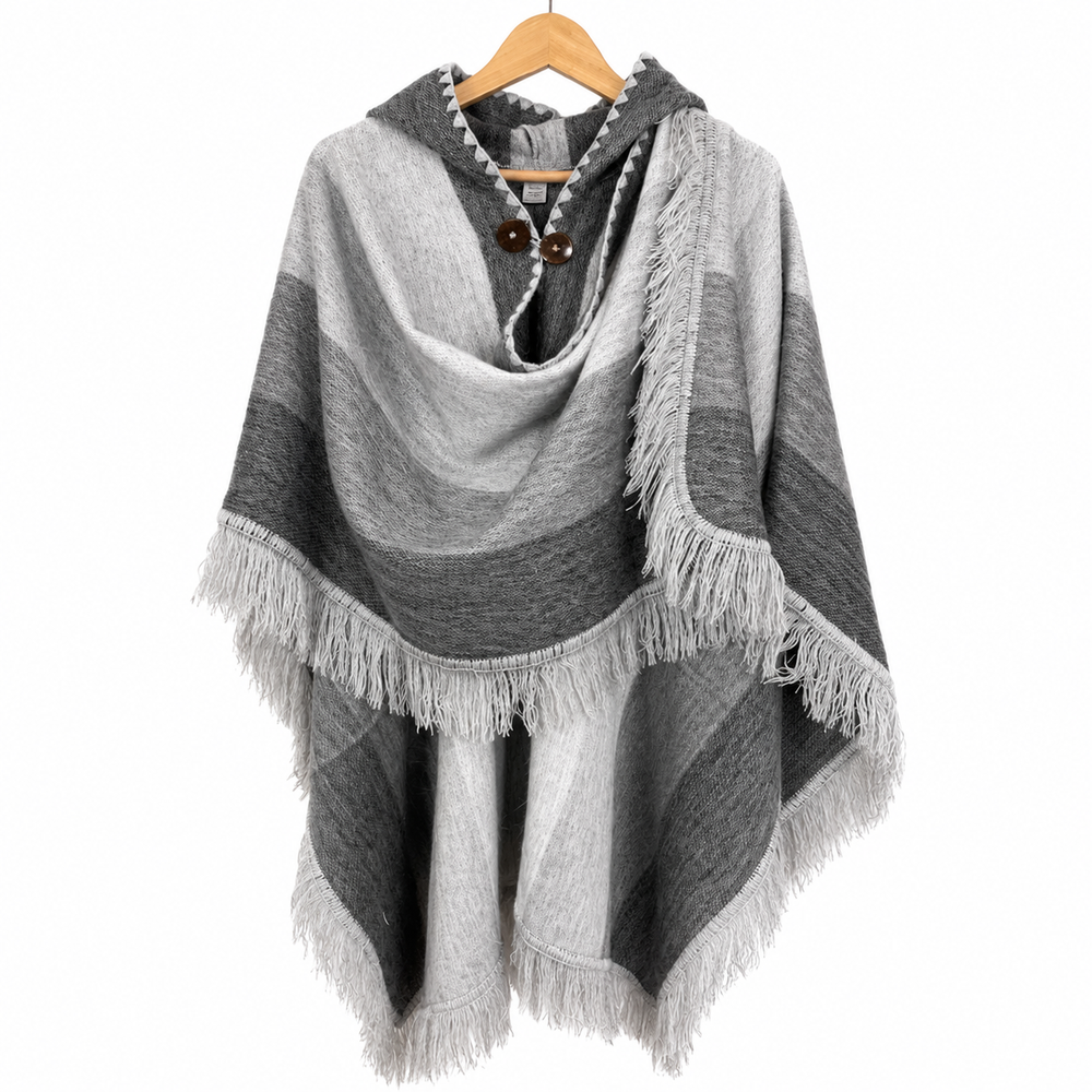 Alpaca Hooded Poncho - Pale Grey Fringe