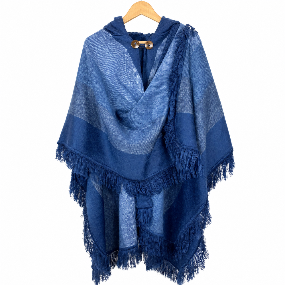 Alpaca Hooded Poncho - Royal Blue Fringe