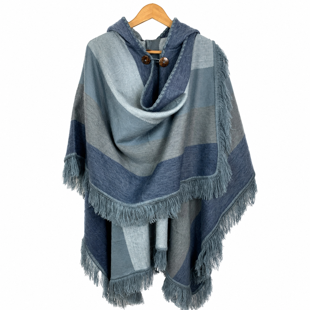 Alpaca Hooded Poncho - Steel Blue Fringe