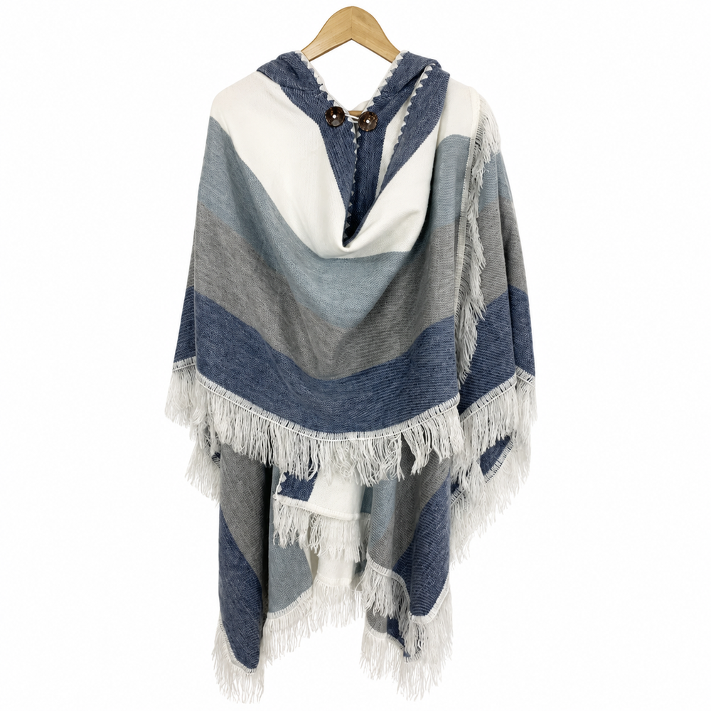 Alpaca Hooded Poncho - Blue White Fringe