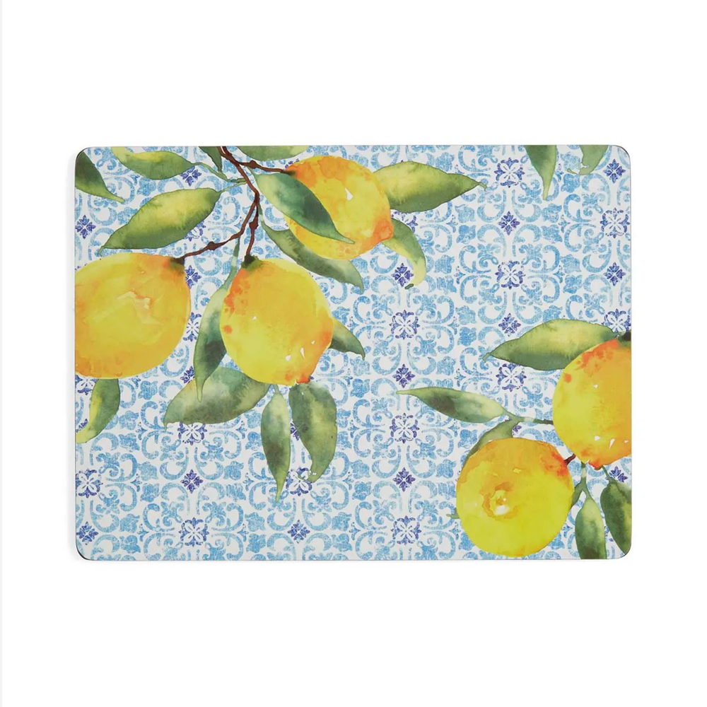 Placemat with lemon design on a blue patterned background