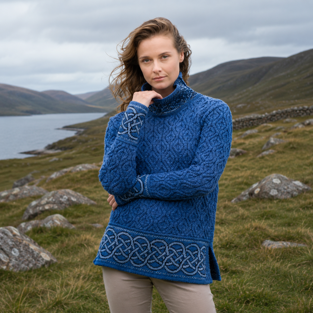 Aran Irish Celtic Cowl Neck Sweater - Blue Marl