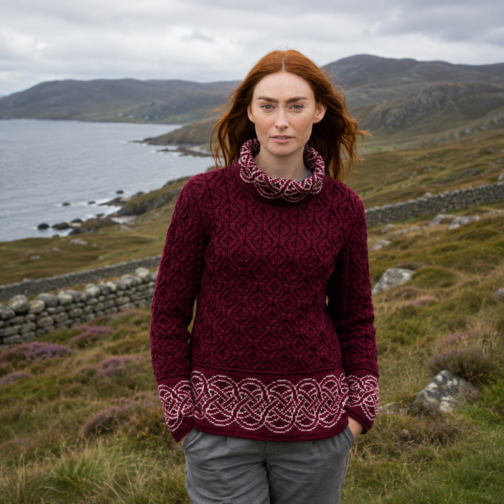 Aran Irish Celtic Cowl Neck Sweater - Wine (R5337)