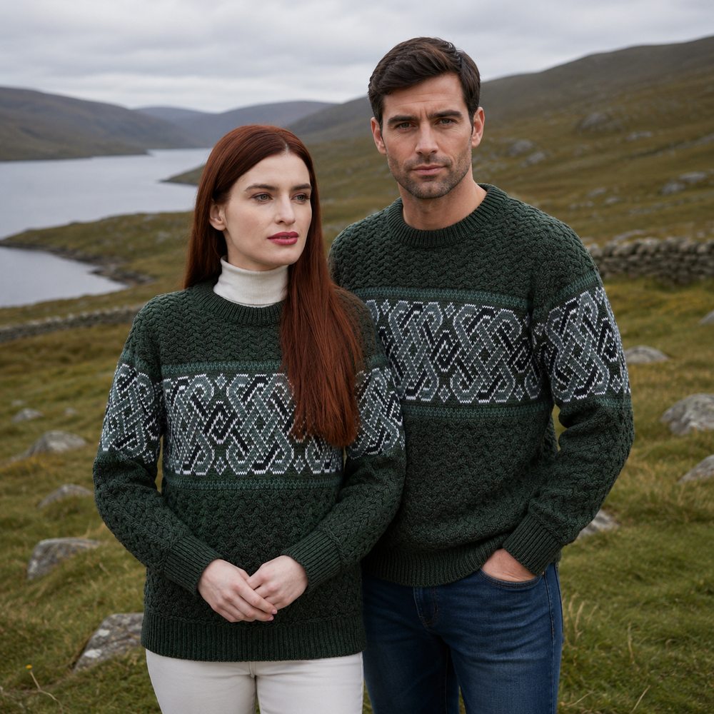 Aran Irish Celtic Crew Neck Sweater - Army Green (C5349)