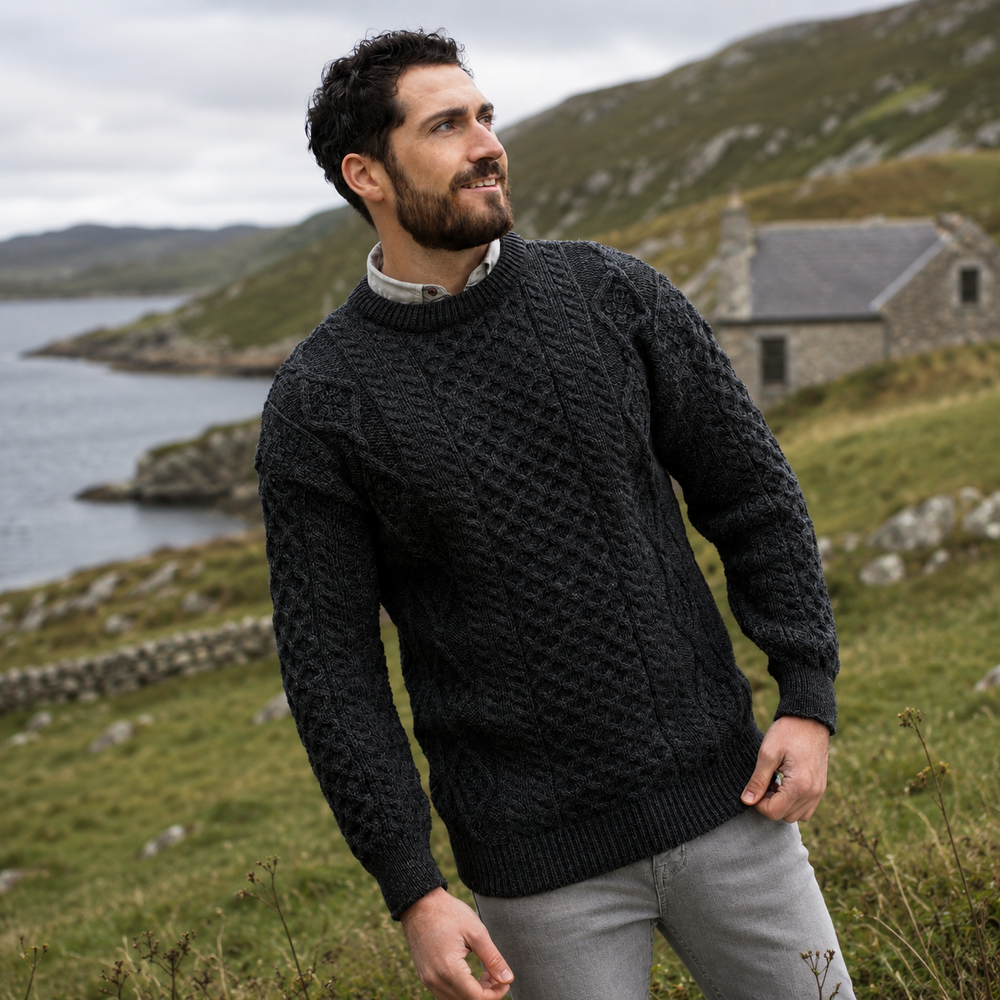 Aran Irish Crew Neck Sweater - Charcoal (C1347)
