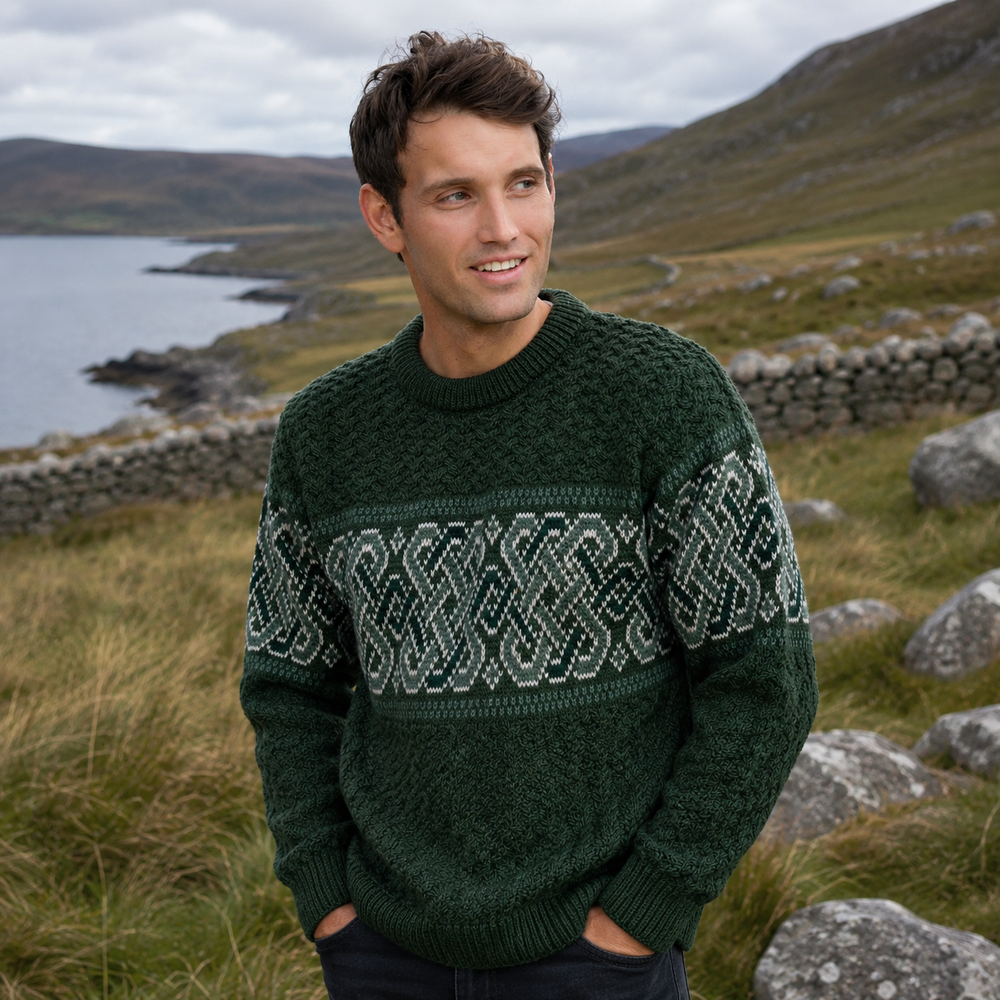 Aran Irish Celtic Crew Neck Sweater - Army Green (C5349)