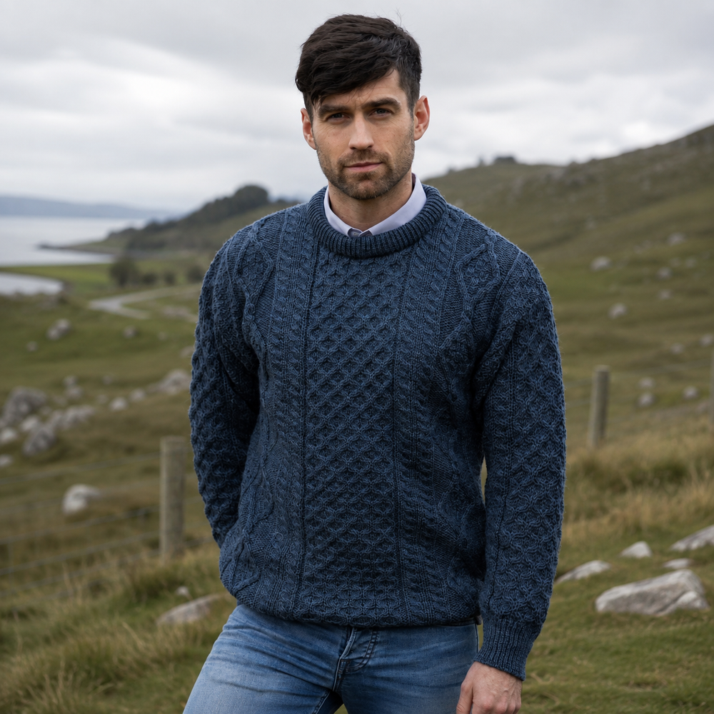 Aran Irish Mens Crew Neck Sweater Caspian
