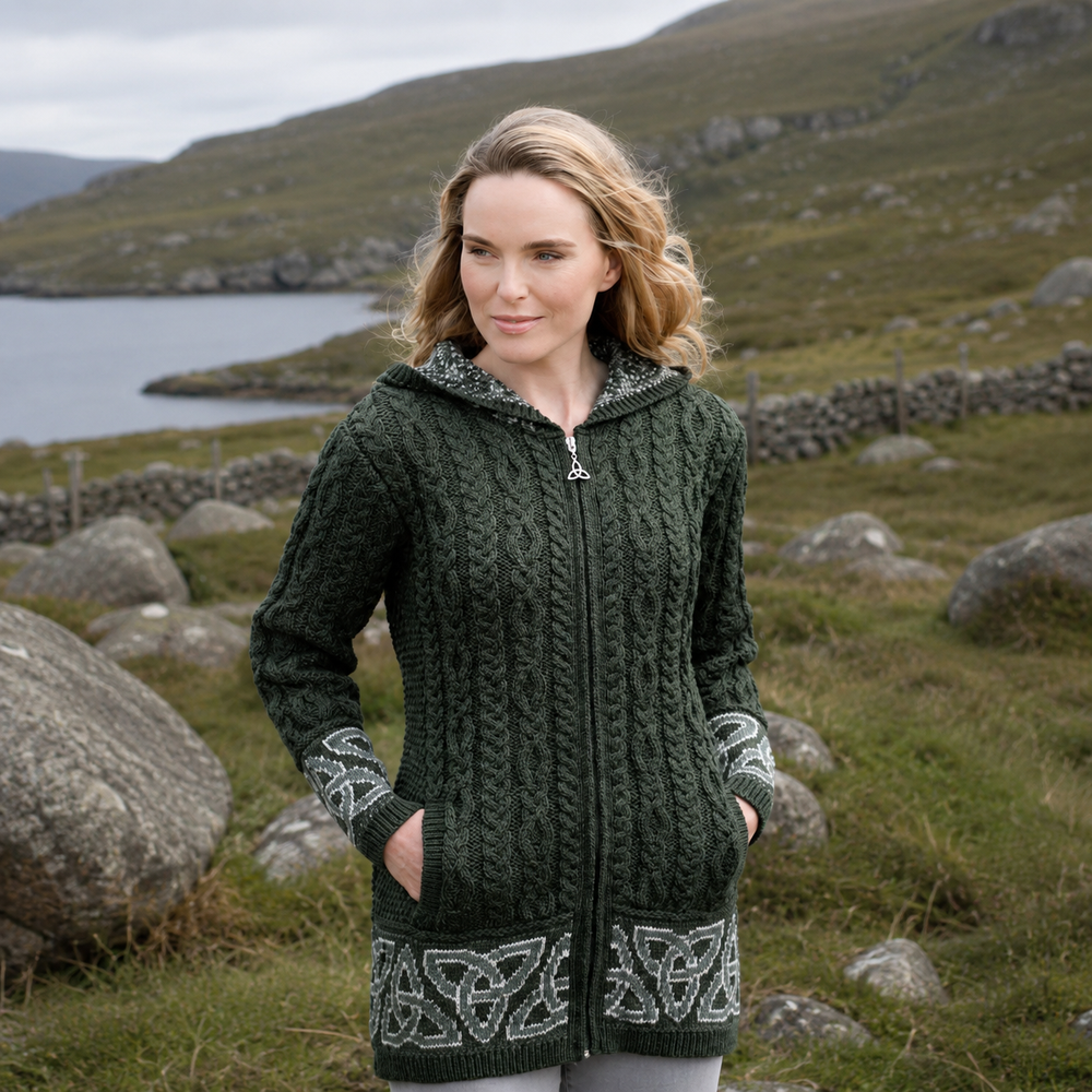 Aran Irish Women's Jacquard Celtic Hooded Coat - Army Green (HD5464)