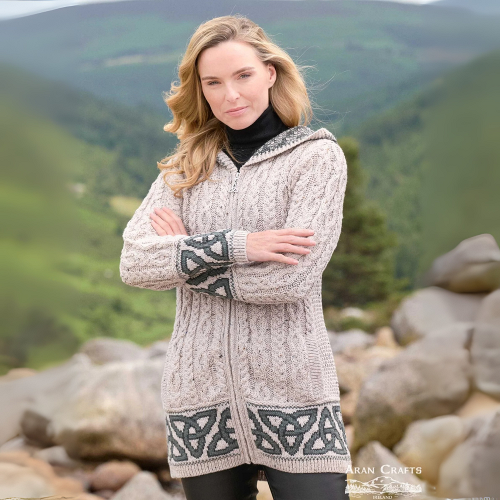 Aran Irish Women's Jacquard Celtic Hooded Coat - Oatmeal (HD5464)