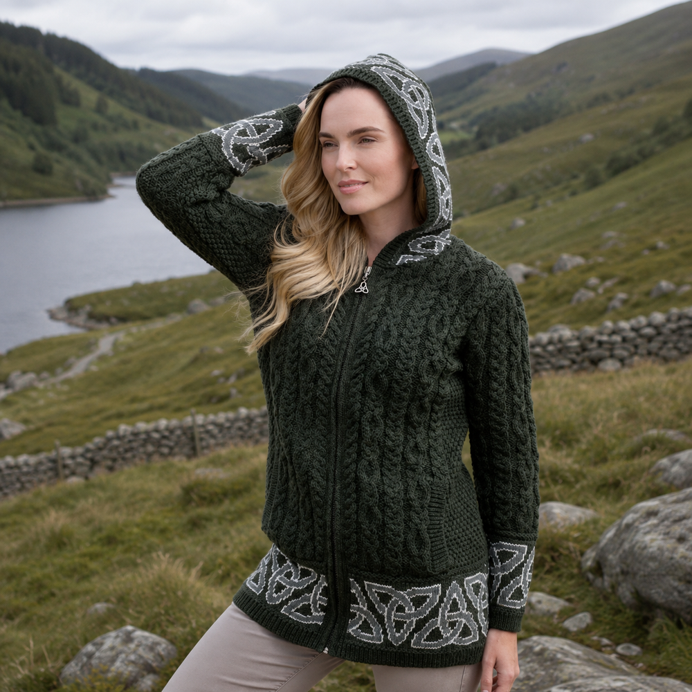 Aran Irish Women's Jacquard Celtic Hooded Coat - Army Green (HD5464)