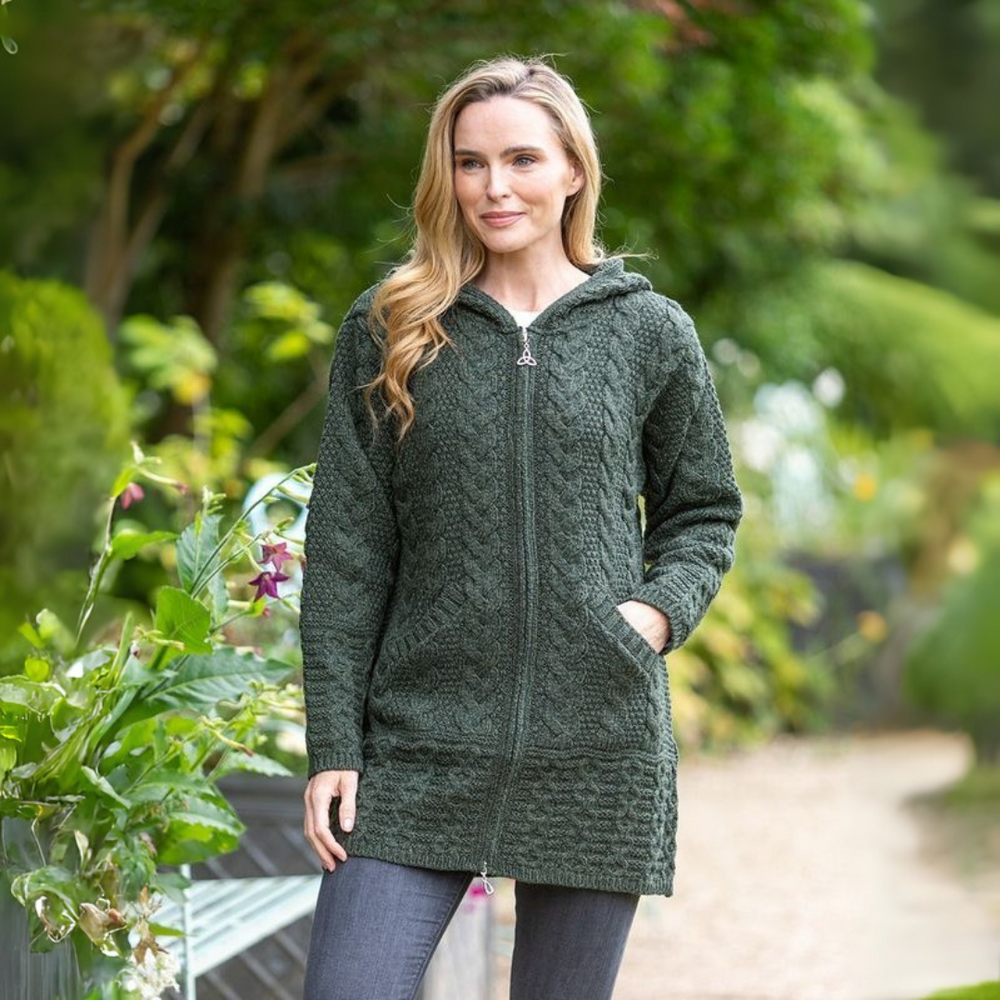 Aran Irish Women's Zip Hooded Coat - Army Green (HD4025)