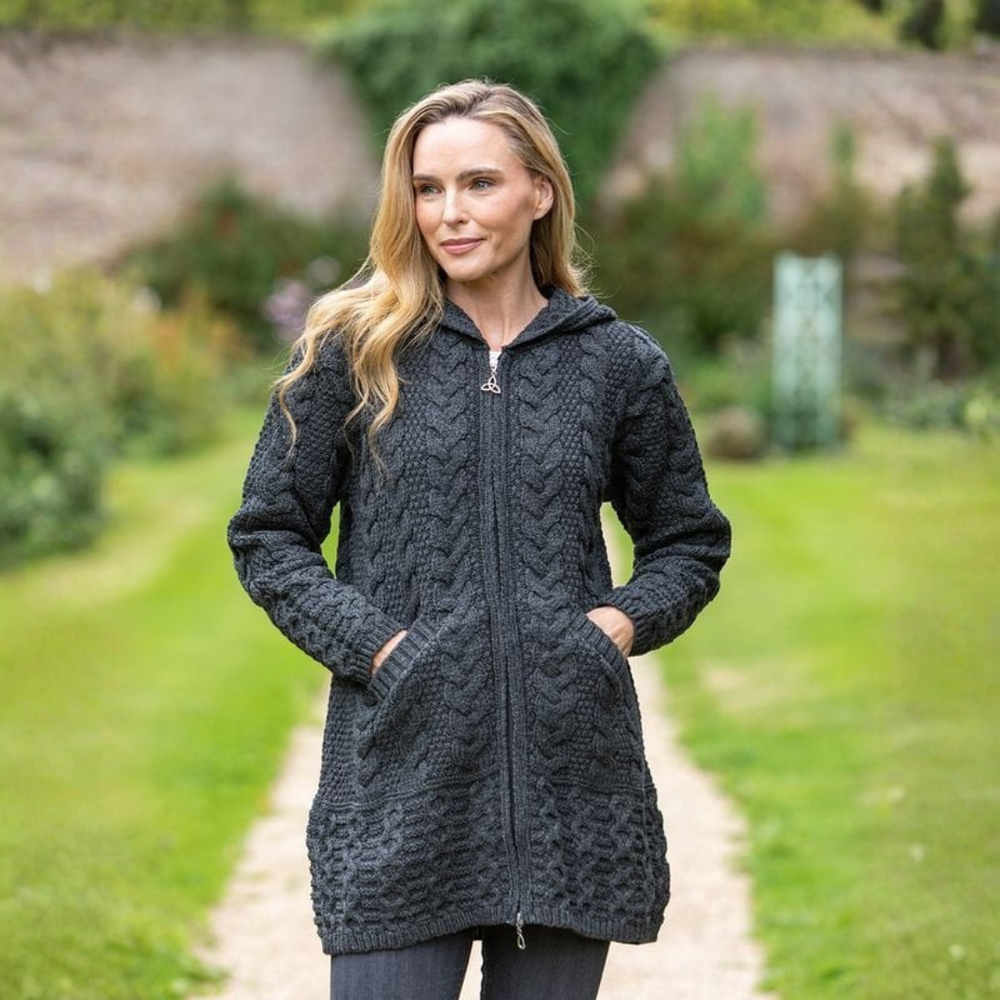 Aran Irish Women's Zip Hooded Coat - Charcoal (HD4025)