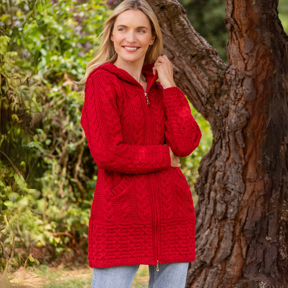 Aran Irish Women's Zip Hooded Coat - Cherry (HD4025)
