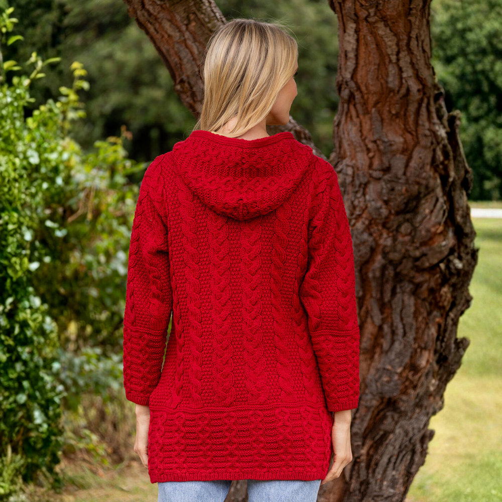 Aran Irish Women's Zip Hooded Coat - Cherry (HD4025)