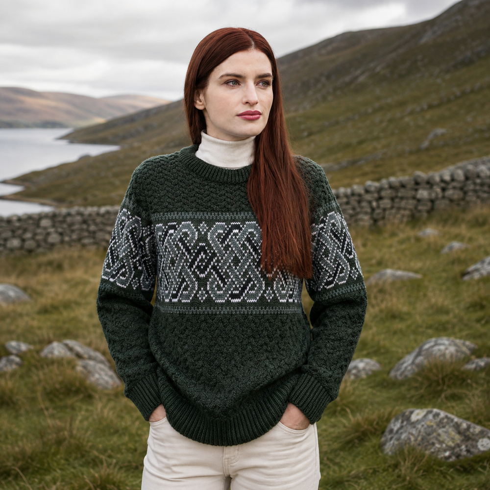 Aran Irish Womens Celtic Crew Neck Sweater - Army Green