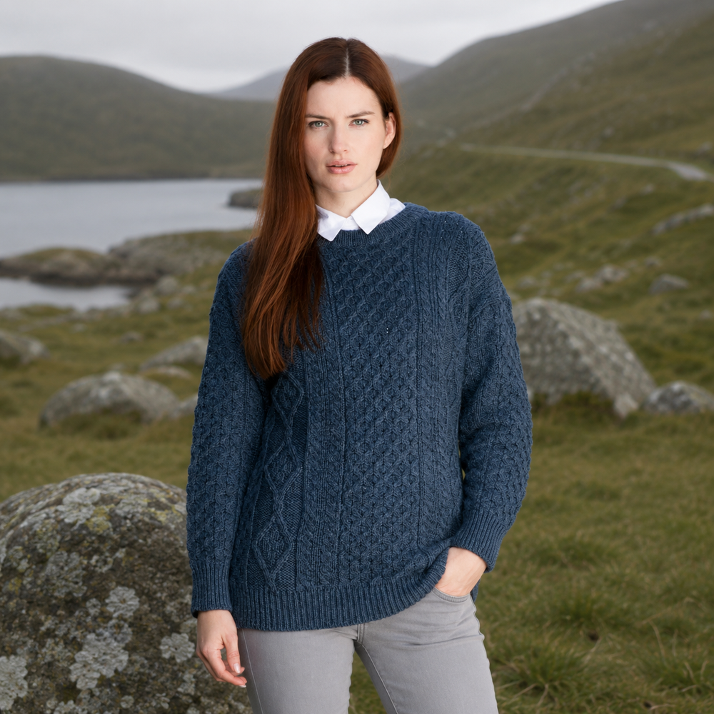Aran Irish Womens Crew Neck Sweater Caspian