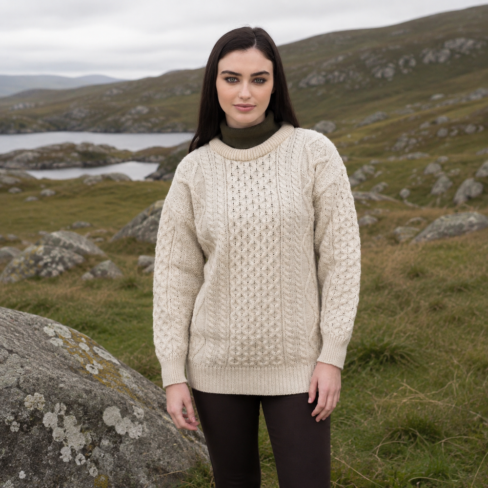 Aran Irish Crew Neck Sweater - Natural (C1347)