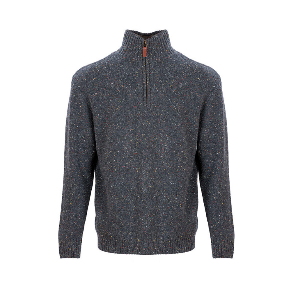 Aran Wool Mens Belleek Troyer Sweater in graphite color, featuring a half-zip front and a textured knit pattern.