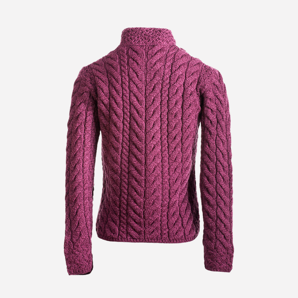 Purple knitted sweater with cable pattern on a white background