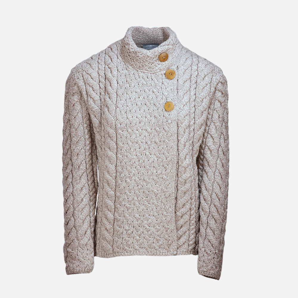 Knitted sweater with cable pattern and button details on a white background