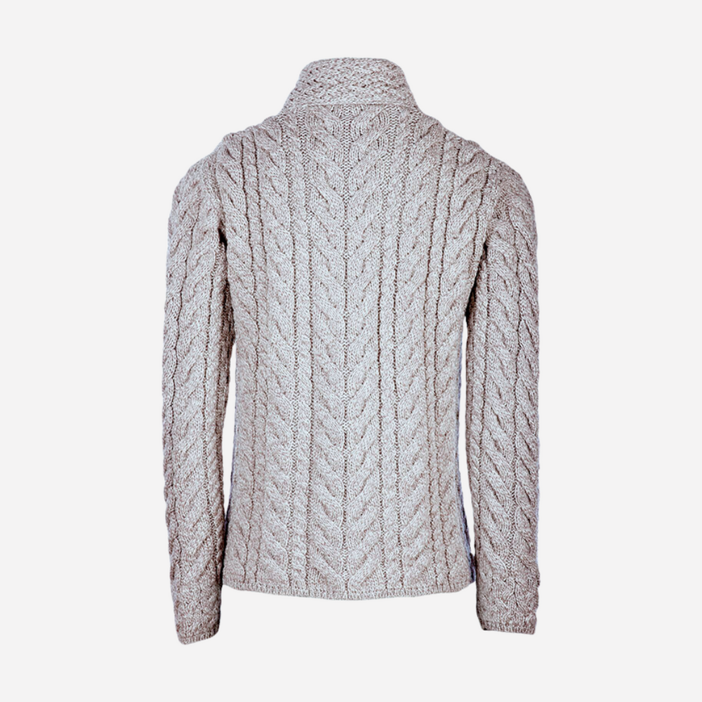 Knitted sweater with cable pattern on a white background