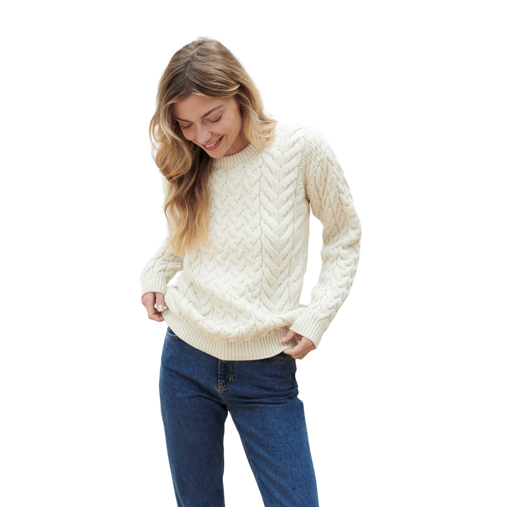 Aran Wool Supersoft Cable Crew Neck Sweater - Classic Aran