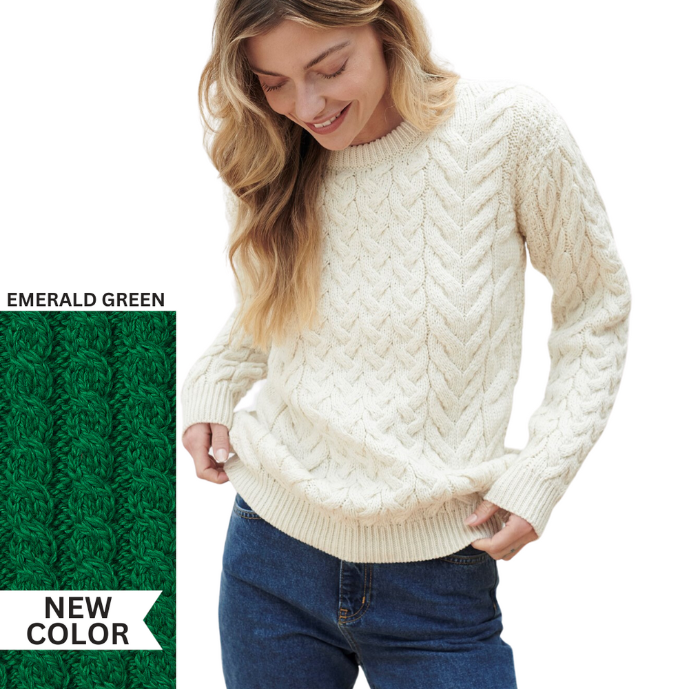 Aran Wool Supersoft Cable Crew Neck Sweater - Emerald Green