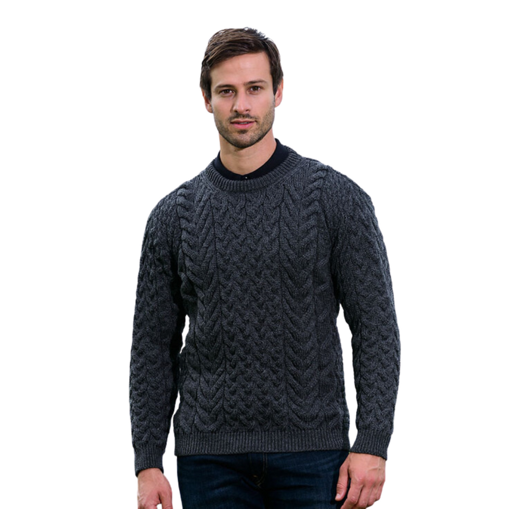 Aran Wool Supersoft Cable Crew Neck Sweater - Slate Grey