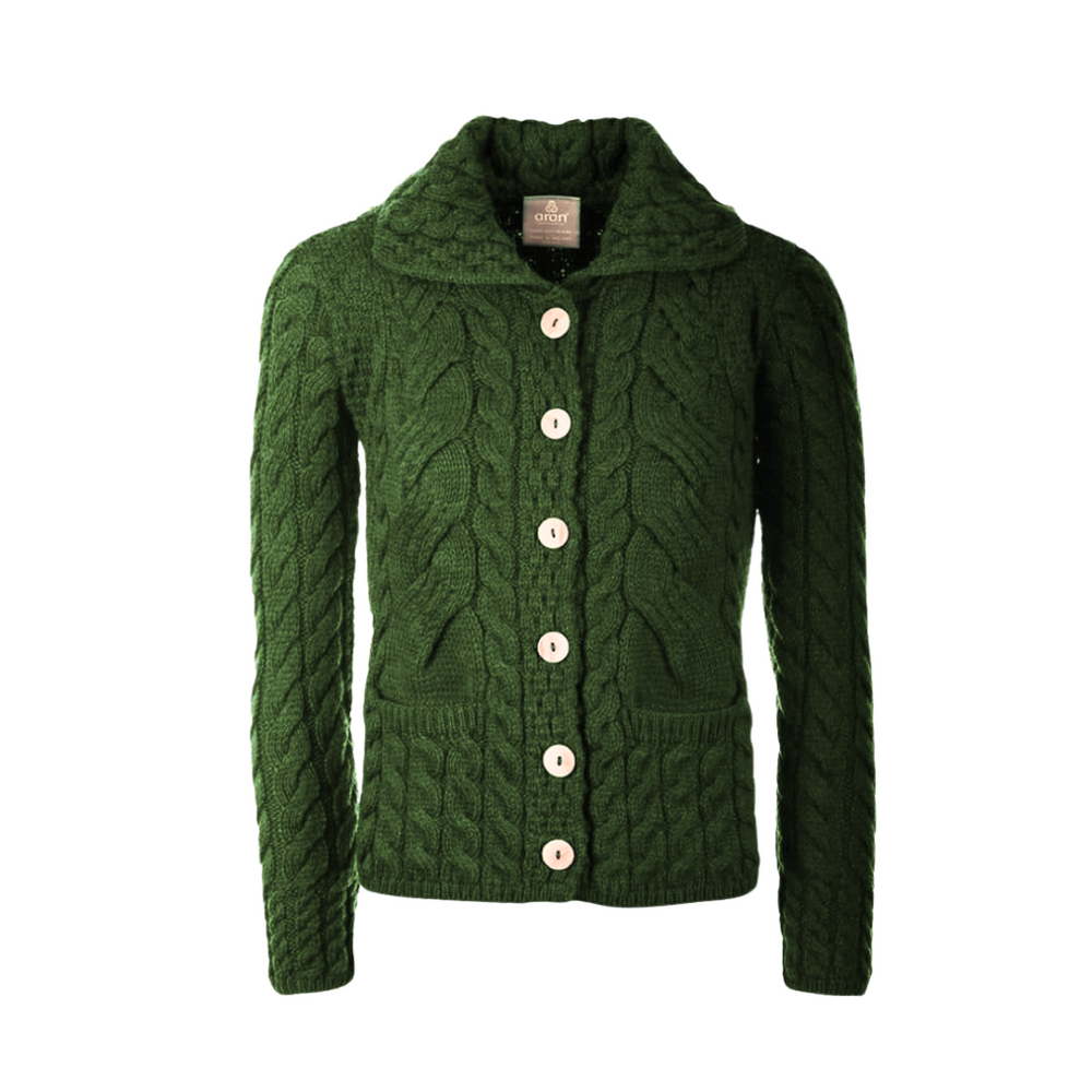 A green cable knit button-up cardigan laid flat against a white background.