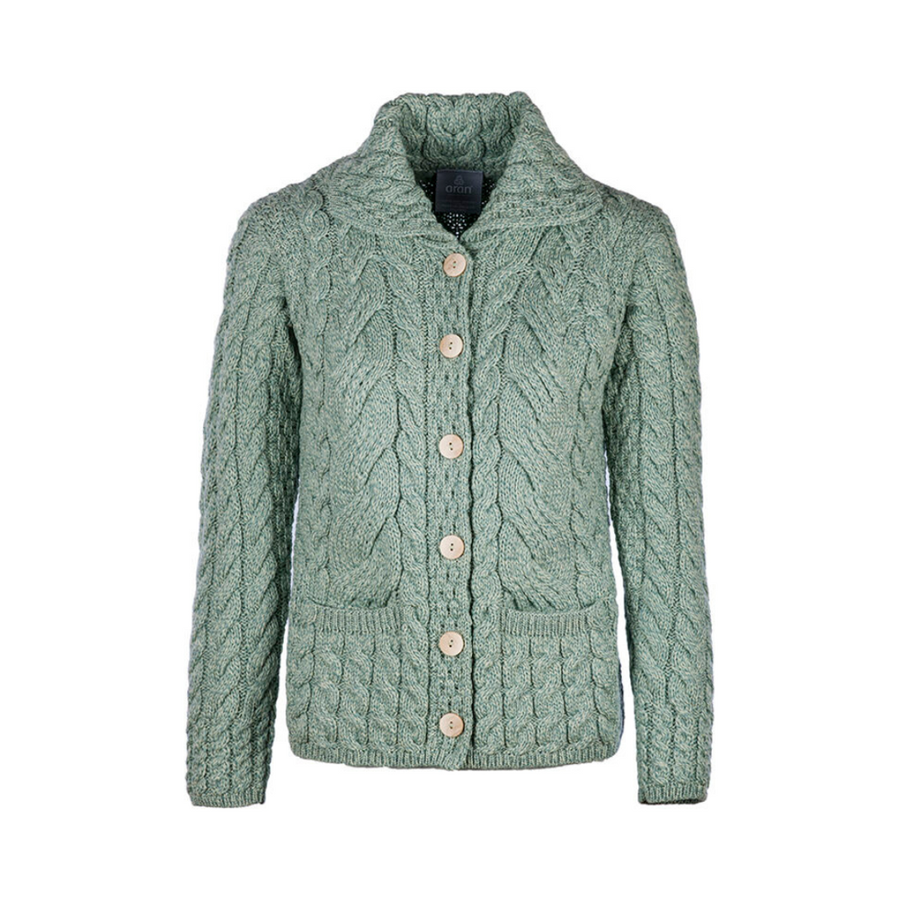 A seafoam green cable knit button-up cardigan with pockets and a crew neckline.