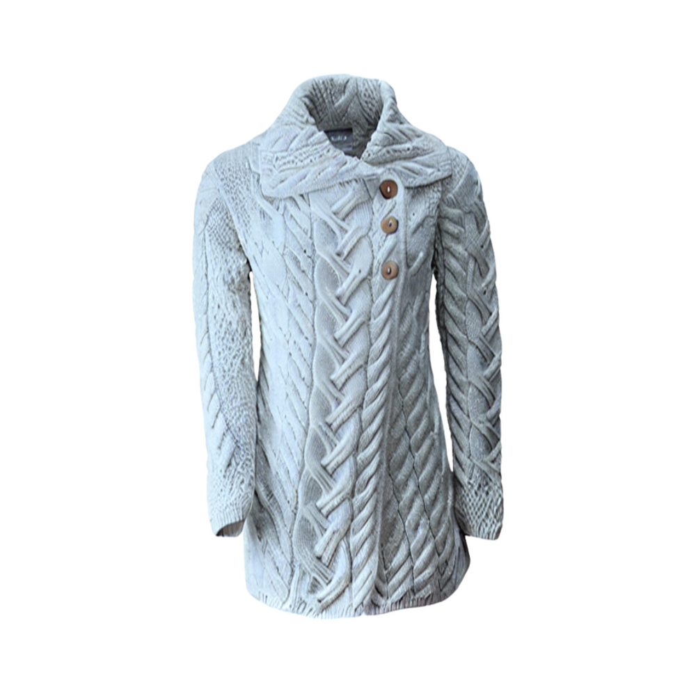 A feather grey cable knit cardigan with three buttons and a collar.