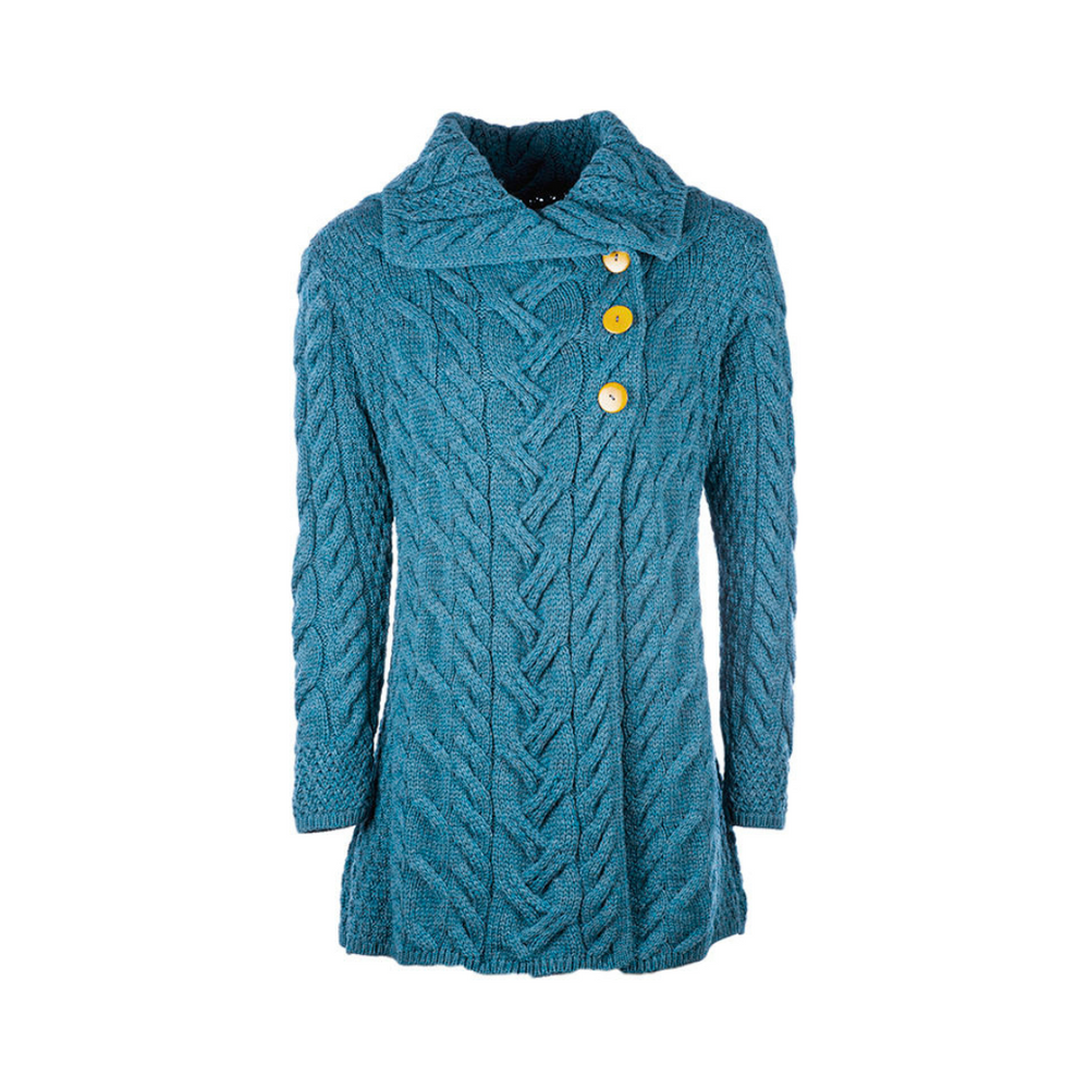 A blue Aran Wool Supersoft Cable Knit Cardigan with contrast stitching and three gold buttons.