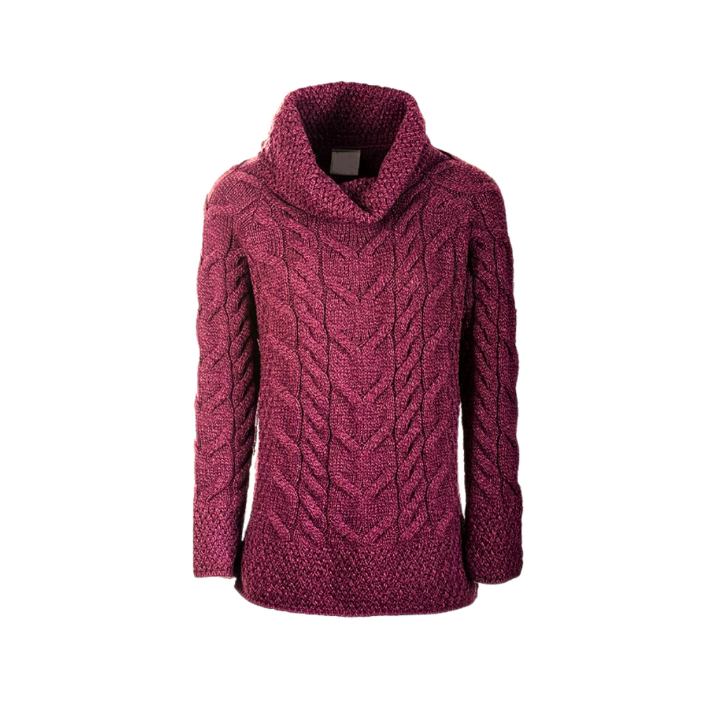 A purple chunky cable cowl neck sweater.