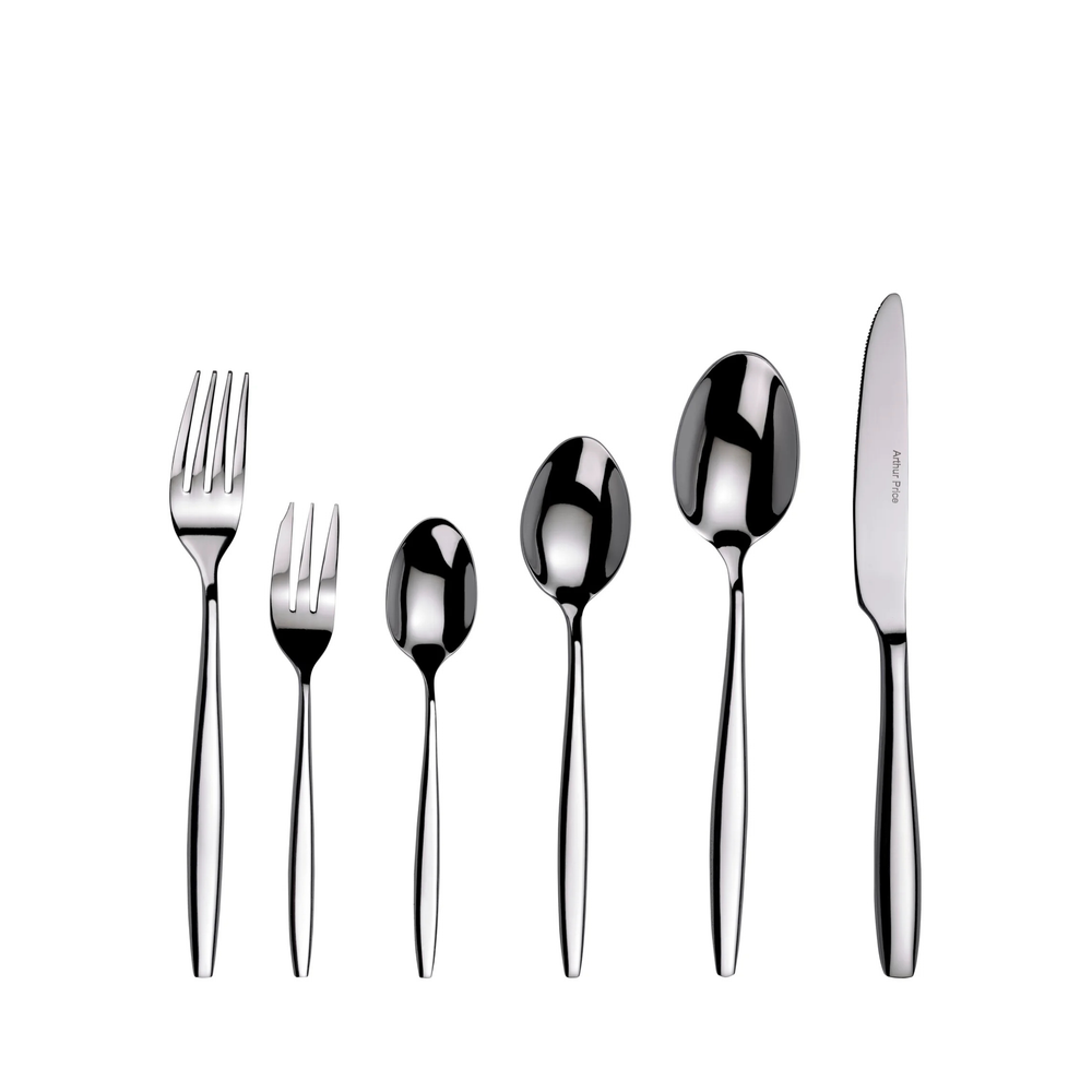 Set of silver cutlery including forks, spoons, and a knife on a white background