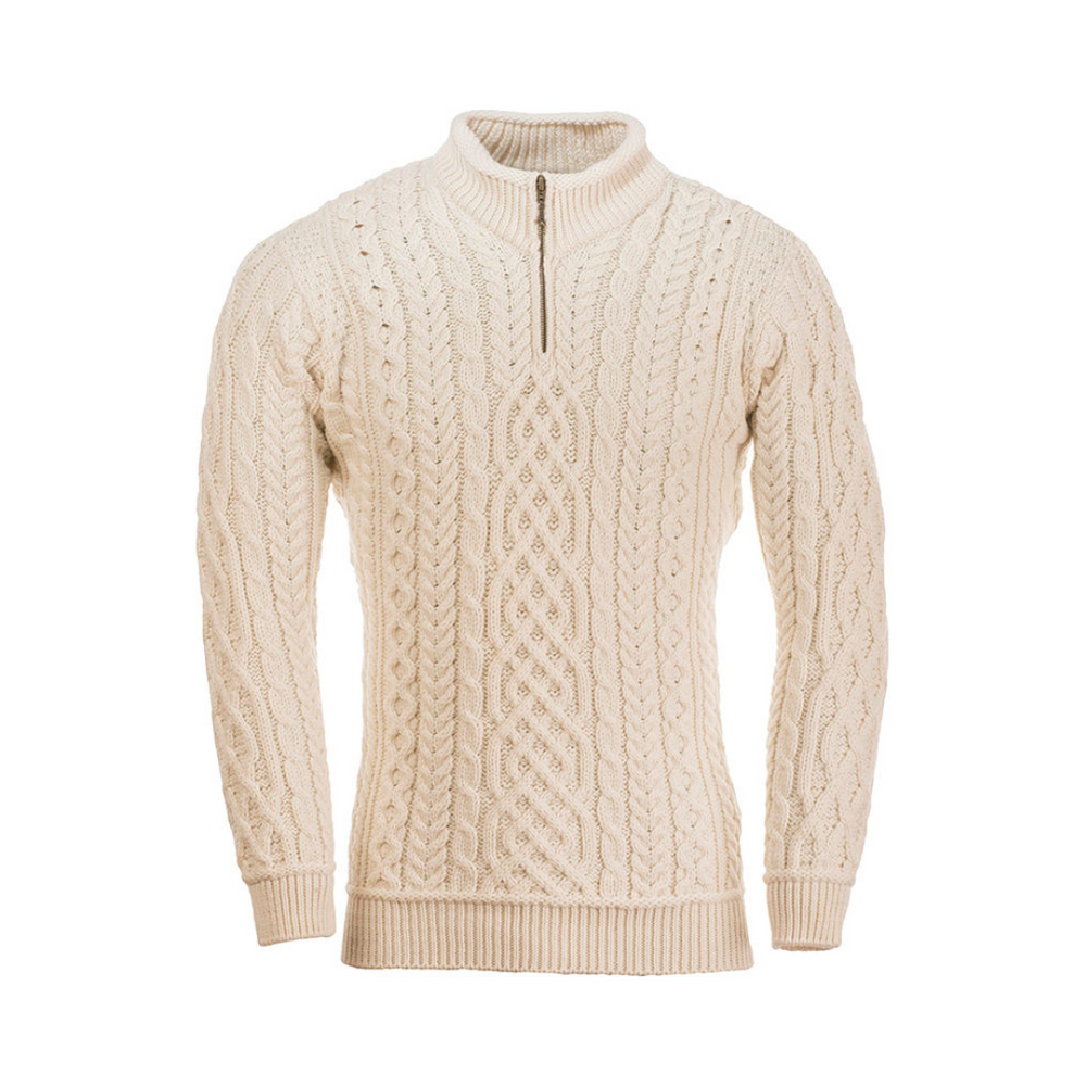 Aran Wool Mens Super Soft Half Zip Troyer - Classic Aran