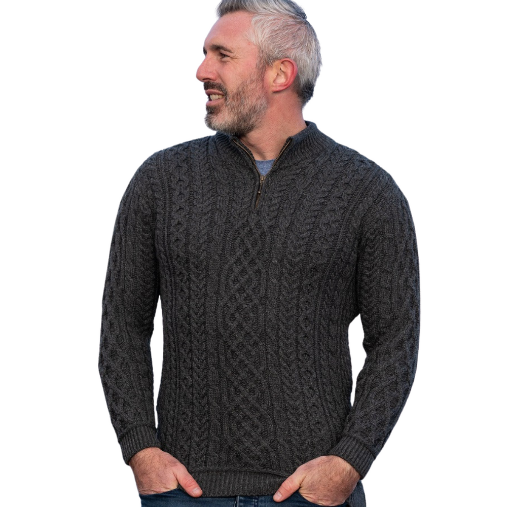 Aran Wool Mens Super Soft Half Zip Troyer - Slate Grey