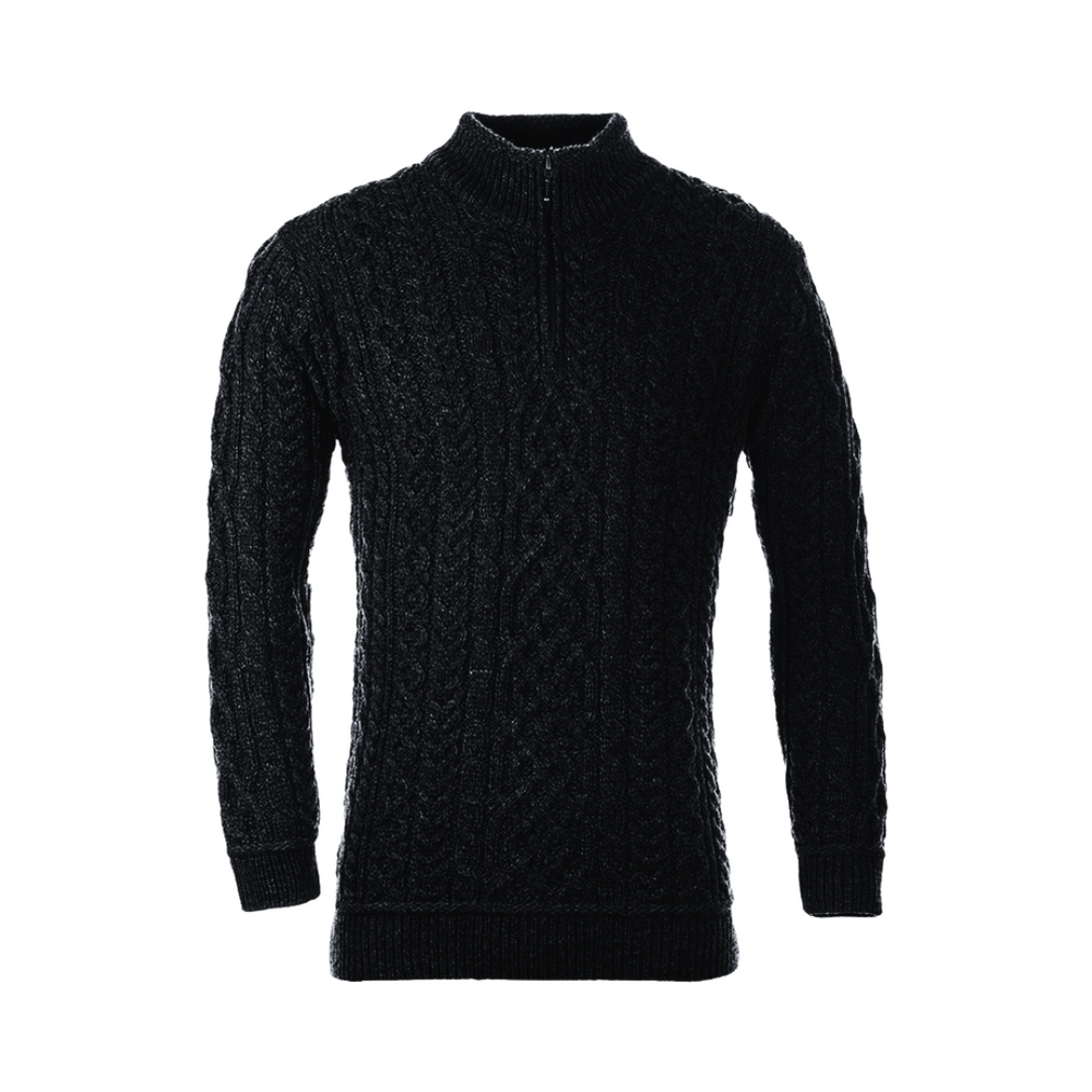 Aran Wool Mens Super Soft Half Zip Troyer - Ebony