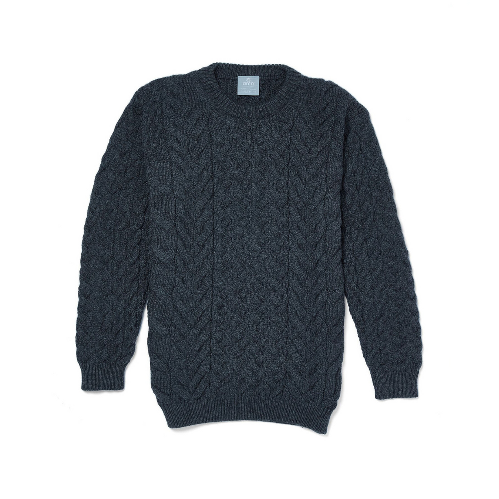 Aran Wool Supersoft Cable Crew Neck Sweater - Slate Grey