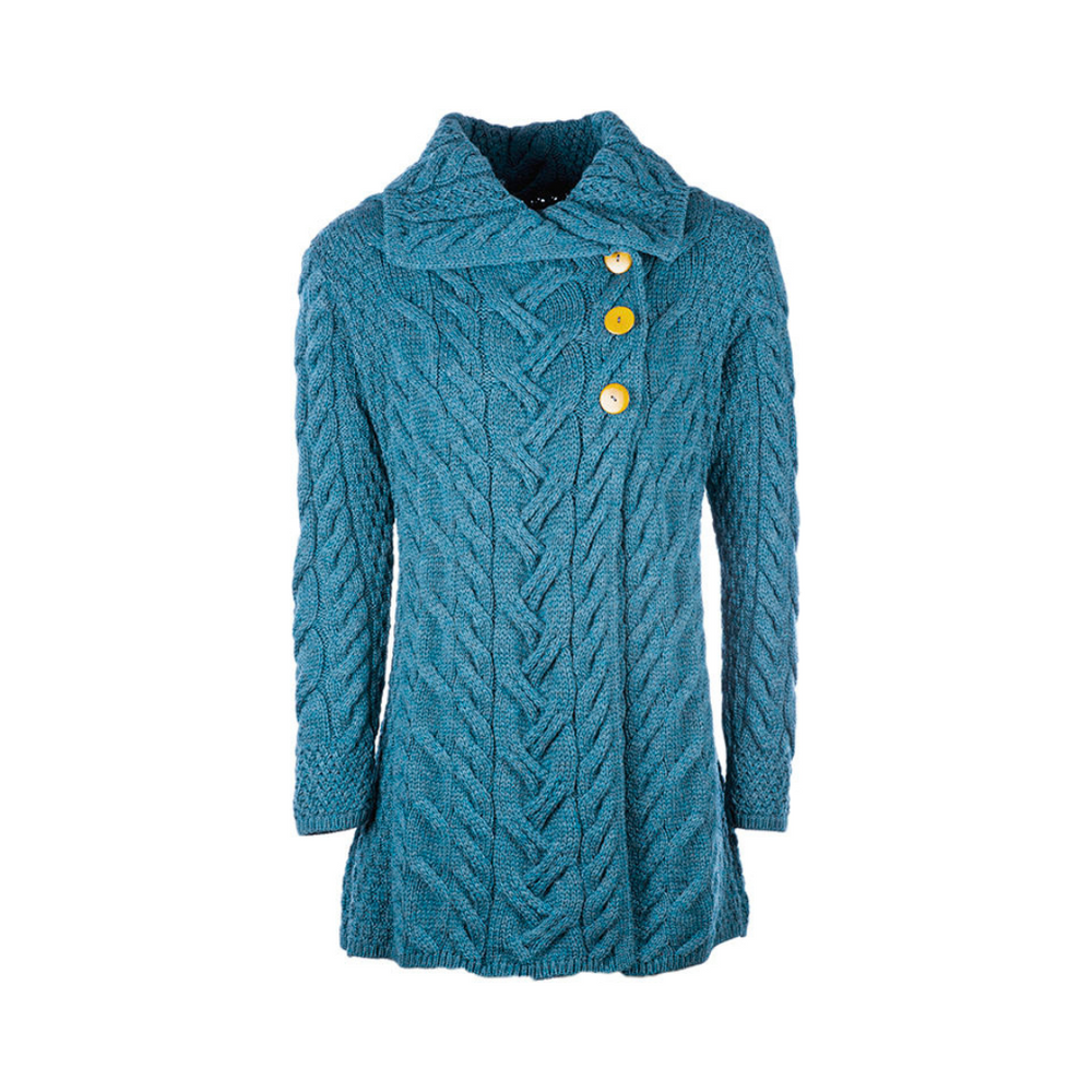 Aran Wool Supersoft Cable Knit Cardigan - Irish Sea