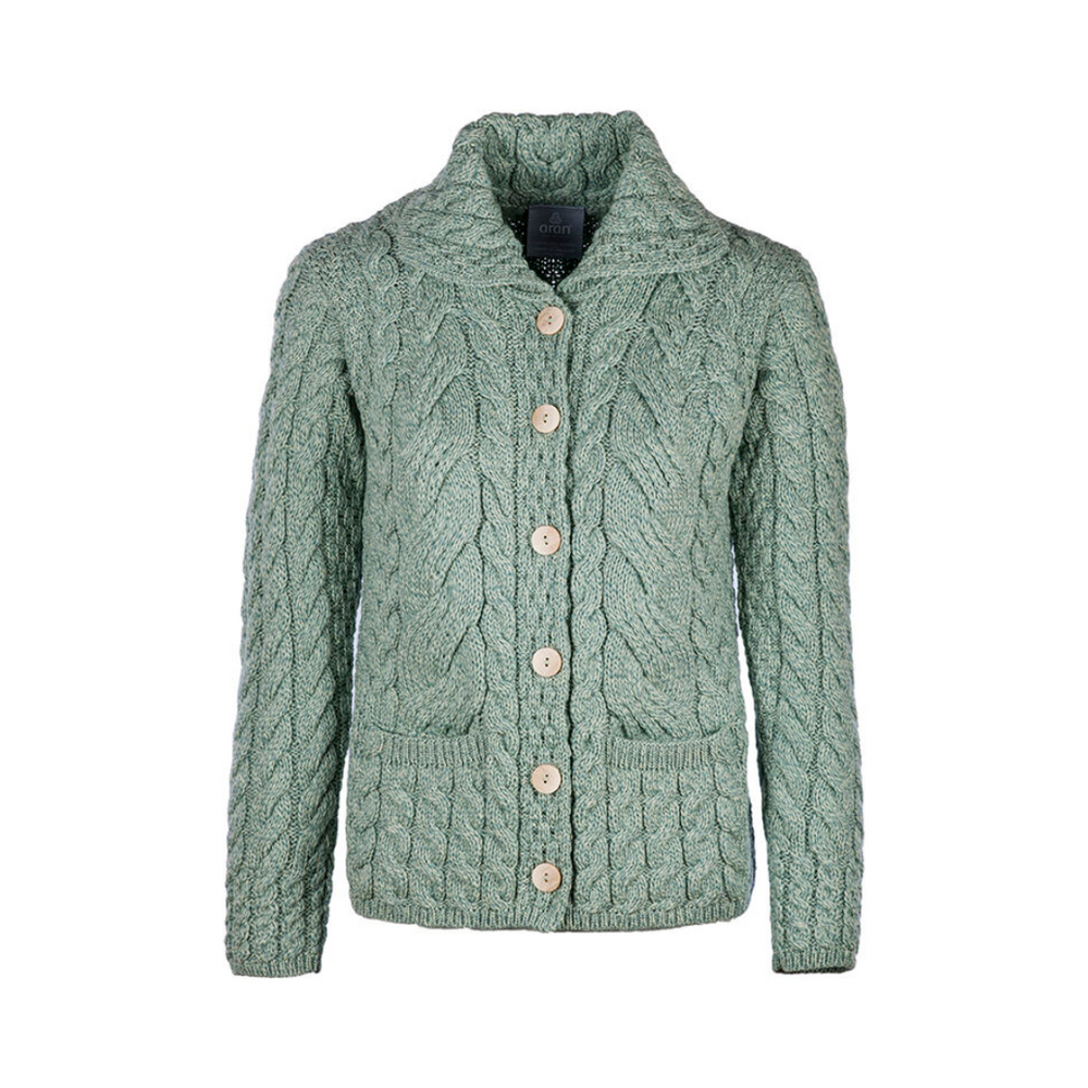 Aran Wool Supersoft Cable Knit Button-Up Cardigan‎ - Seafoam Green