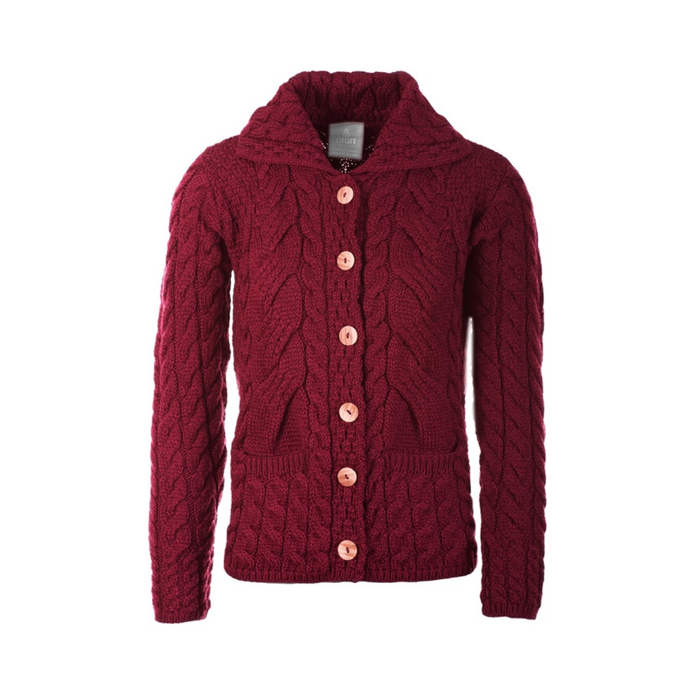 Aran Wool Supersoft Cable Knit Button-Up Cardigan‎ - Rua Red