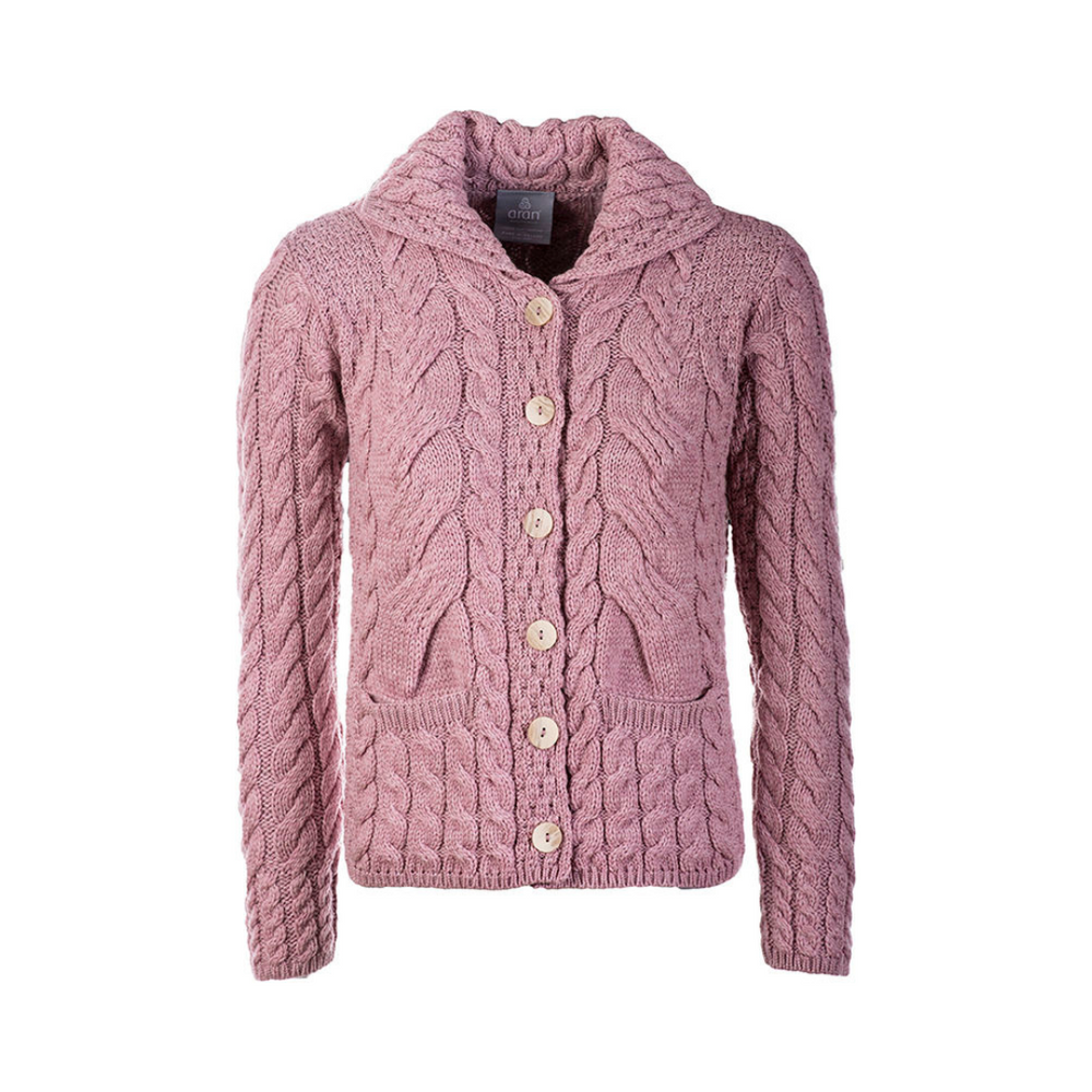 Aran Wool Supersoft Cable Knit Button-Up Cardigan‎ - Winter Rose