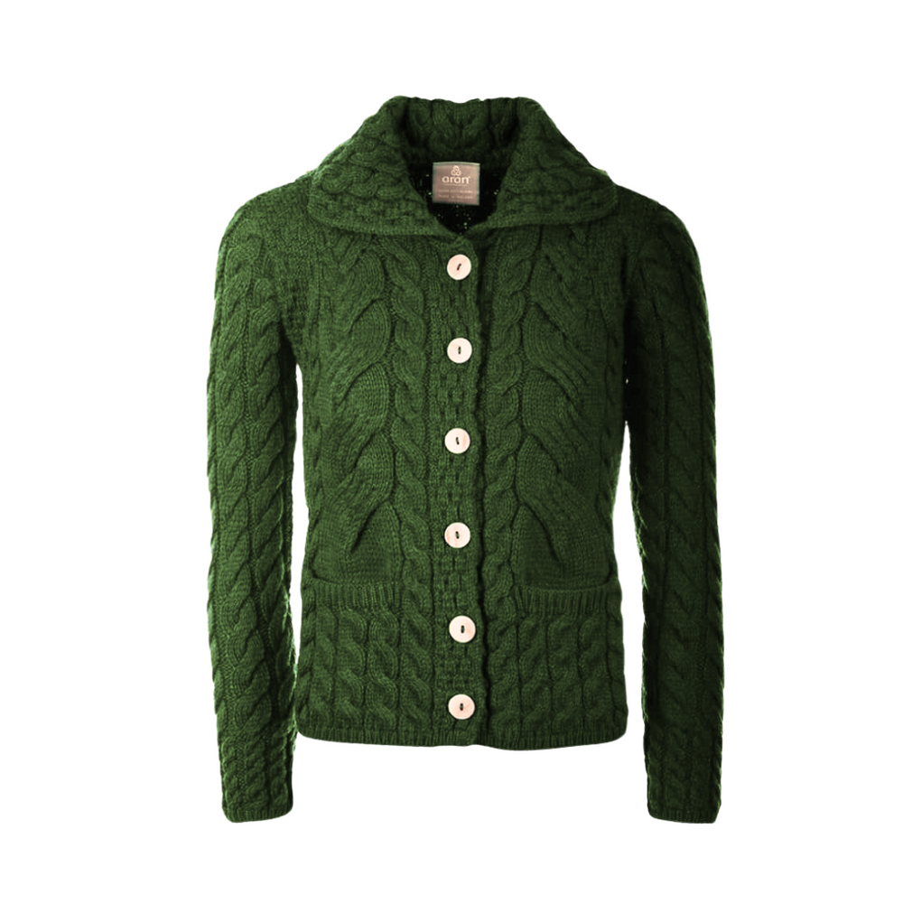 Aran Wool Supersoft Cable Knit Button-Up Cardigan‎ - Emerald Green