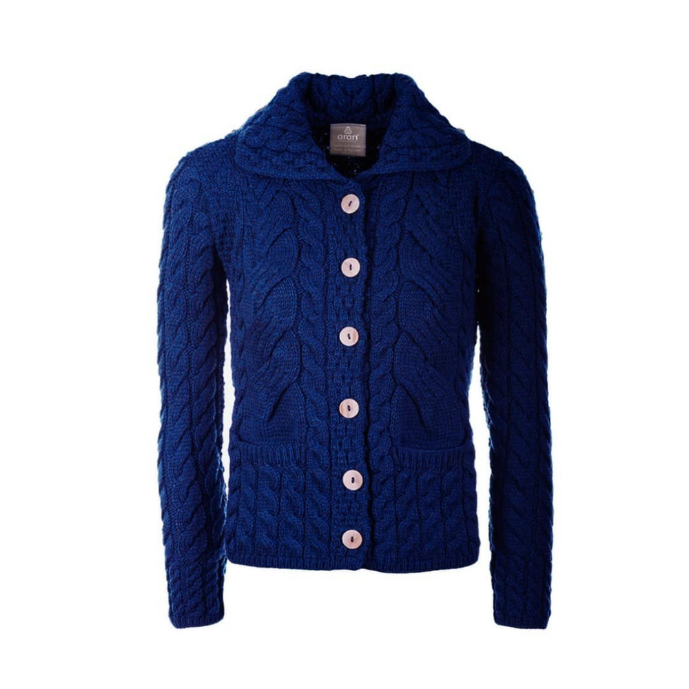 Aran Wool Supersoft Cable Knit Button-Up Cardigan‎ - Deep Blue