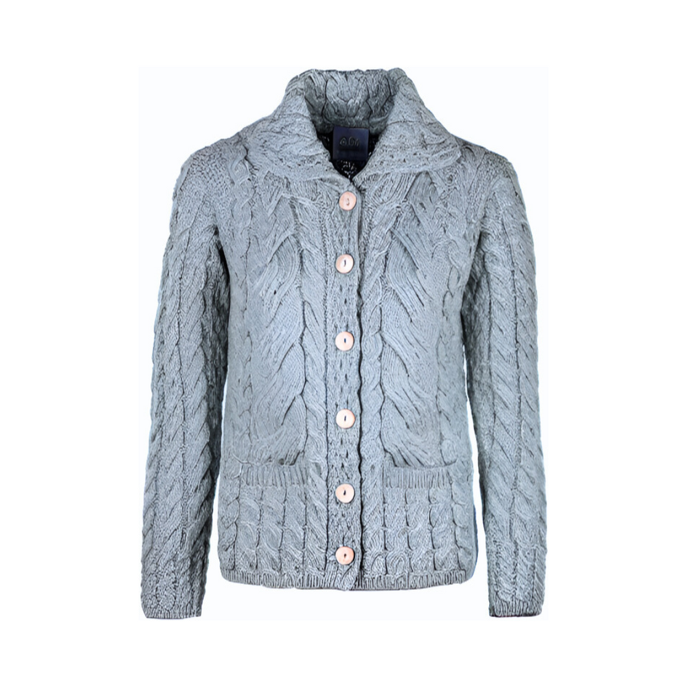 Aran Wool Supersoft Cable Knit Button-Up Cardigan‎ - Feather Grey