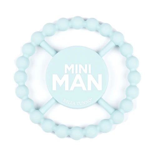 Light blue teething ring with 'MINI MAN' and 'Bella Tunno' text on a white background