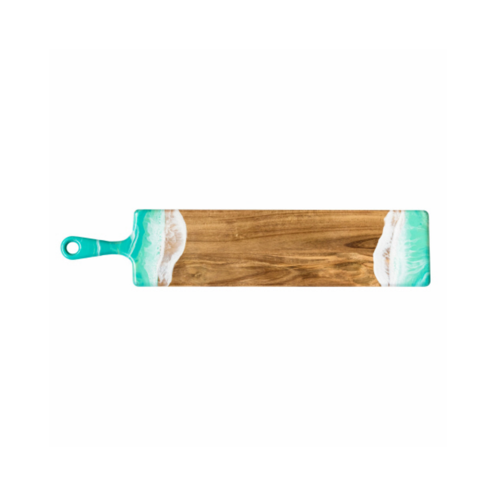 This baguette board made of Acacia wood and crafted with natural eco-friendly turquoise/white epoxy