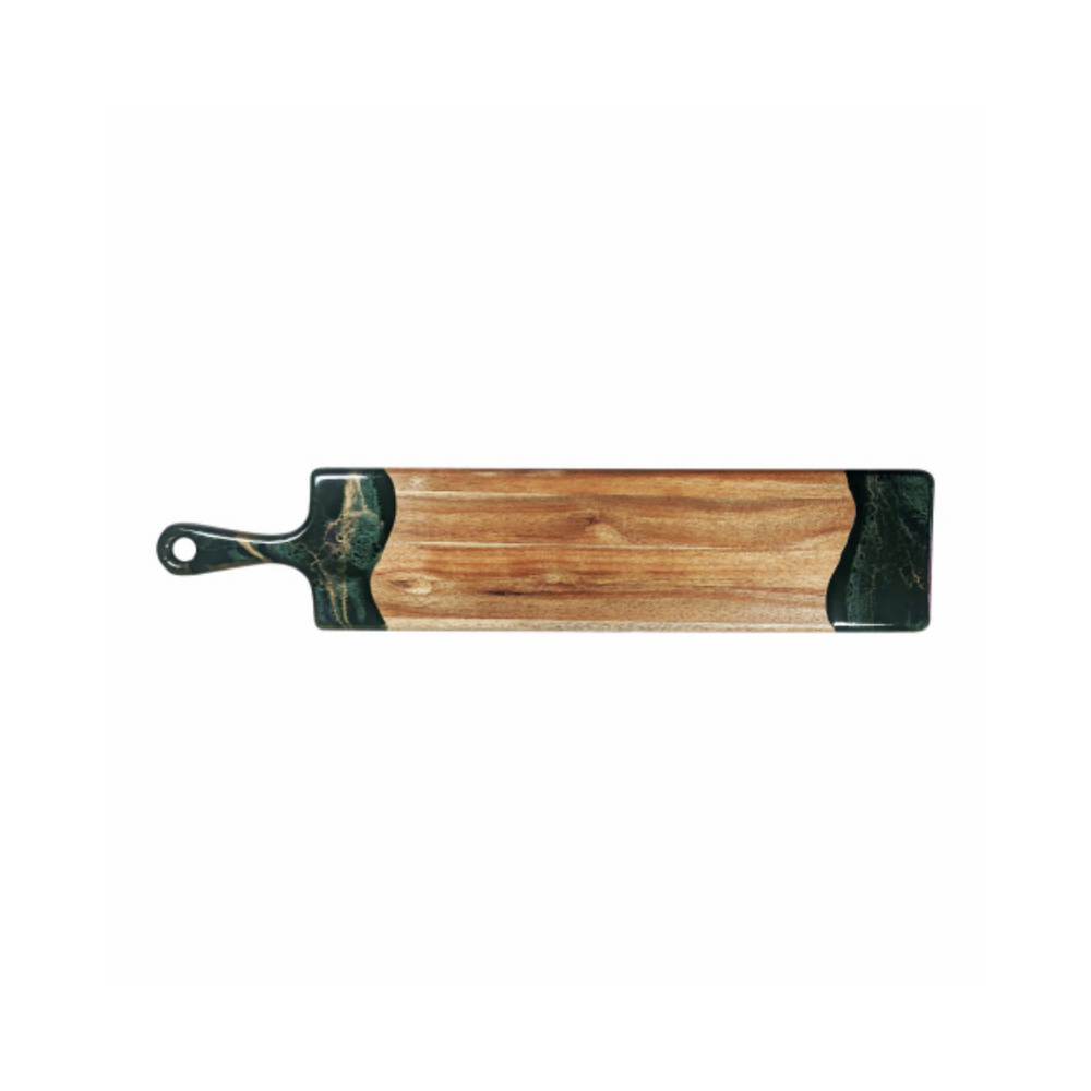 An Acacia wood baguette board with black epoxy accents and a handle, long enough to accommodate multiple people.